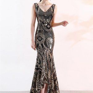 1920s Black/Gold Sequined Mermaid Dress